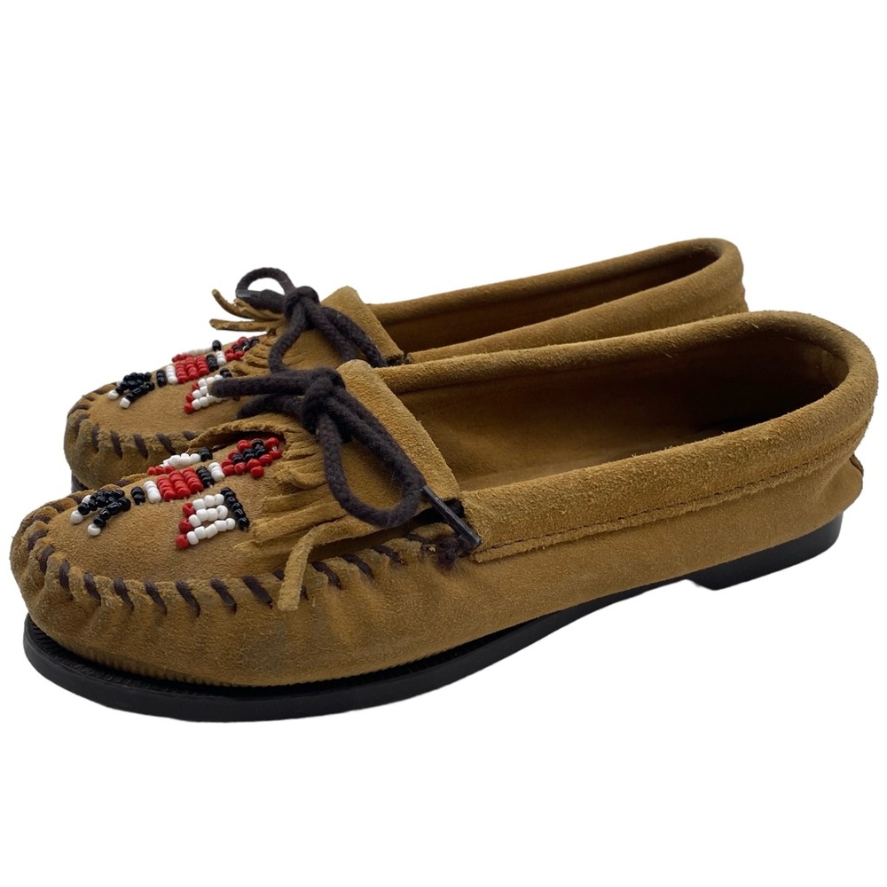 Minnetonka Moccasin Thunderbird Brown Leather Beaded Casual Slip On Womens Sz 6